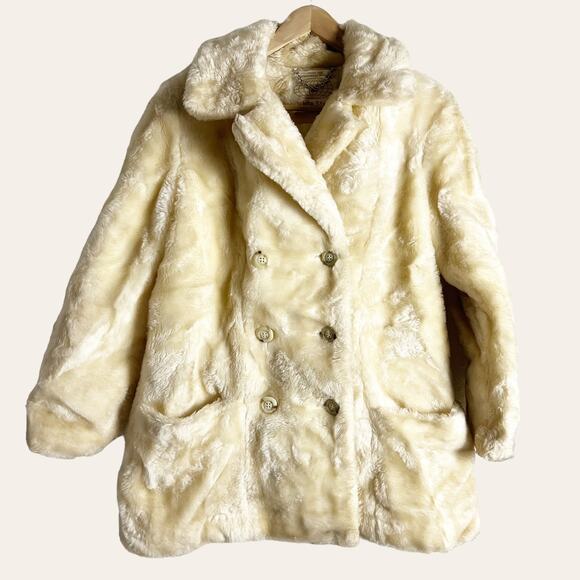 Vintage White Stag Cream Faux Fur Double Breasted Pea Coat Size 10 - Picture 1 of 9
